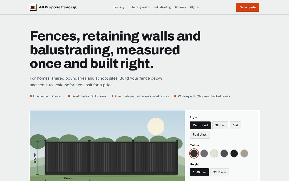 Essential package preview: light fencing website with a live fence builder