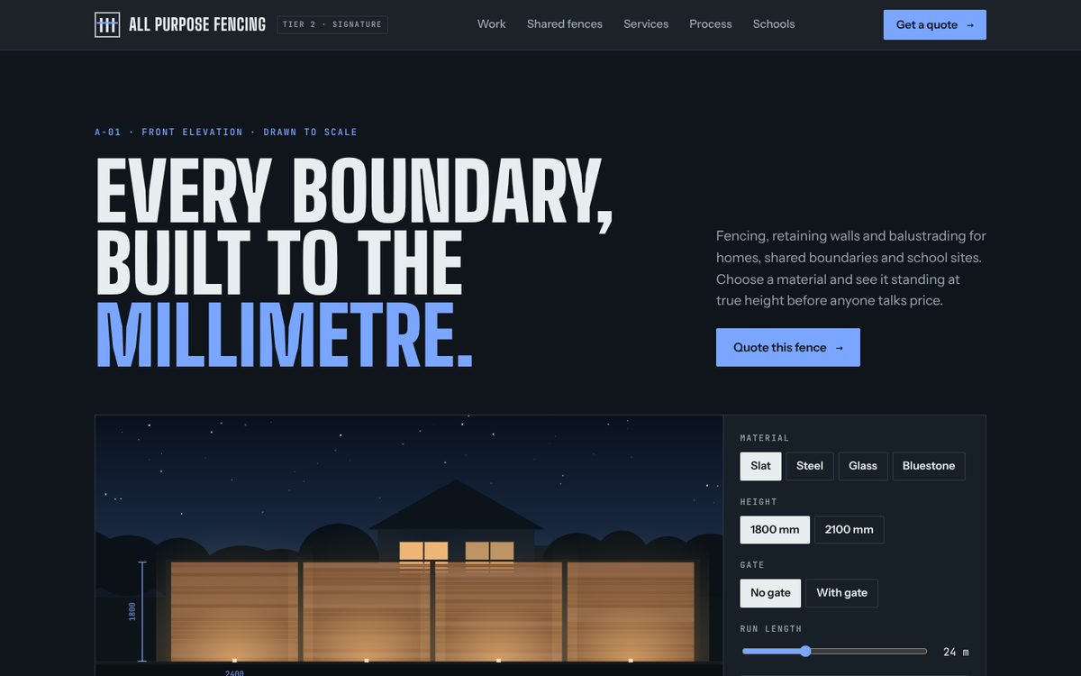 Signature package preview: dark architectural fencing site with a dusk configurator
